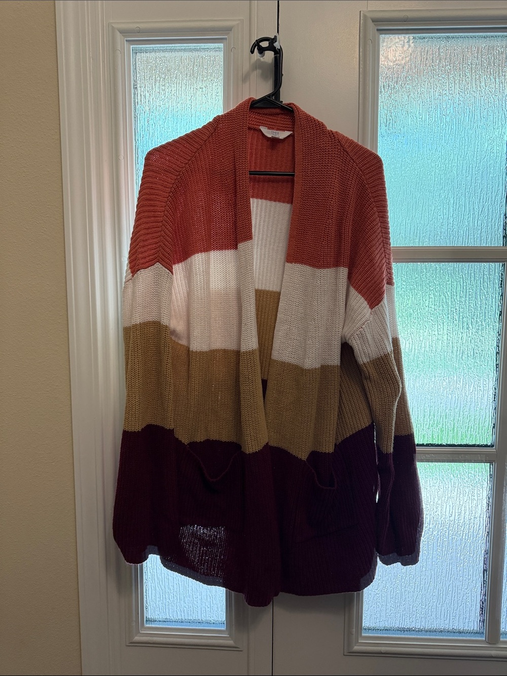 Time and Tru Striped Open-Front Cardigan - Rust, White, Tan, Burgundy